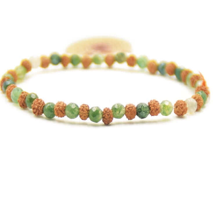 Mala Armband - Heart of Protection - Schmuckstück kombiniert feine Rudrakshas mit Moosachat-Steinen - IRIS AURA SHOP