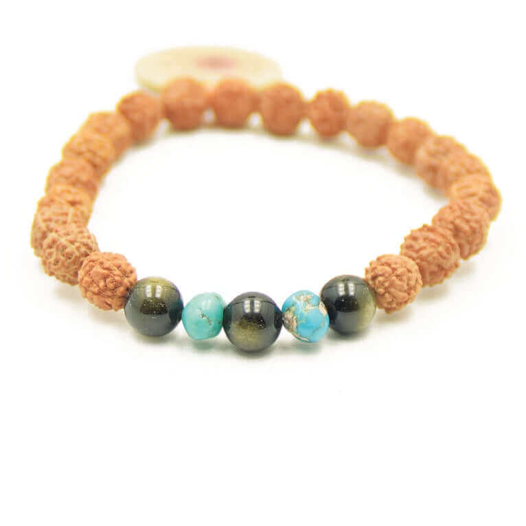 Mala Armband - Healing - besteht aus Rudraksha Perlen, Türkis und verschiedenen Obsidian Perlen - IRIS AURA SHOP