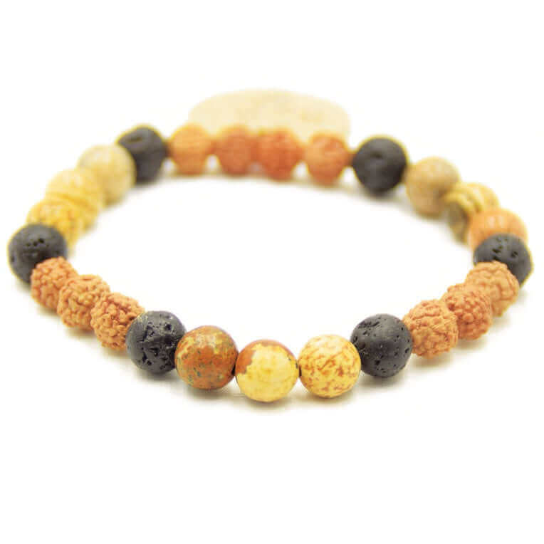 Mala Armband - Rootz Mala - kraftvolles Schmuckstück, Kombination von Rudraksha Perlen, Lavastein und Leopardenfell Jaspis gefertigt - IRIS AURA SHOP