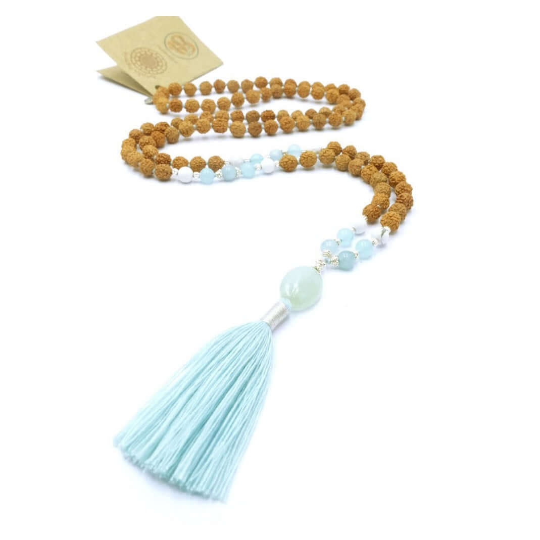 Mala Halskette - Aquamarin, Intuition mala - Aquamarin mit Howlith, Silber und Rudraksha Perlen kombiniert - IRIS AURA SHOP