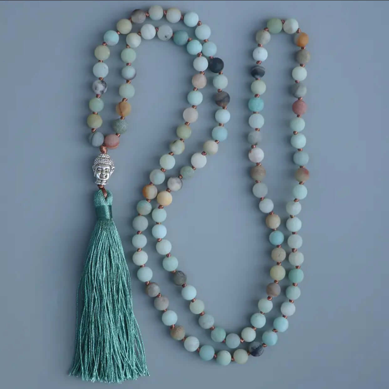 Amazonite & Buddha Mala Necklace: A symbol of calm and balance