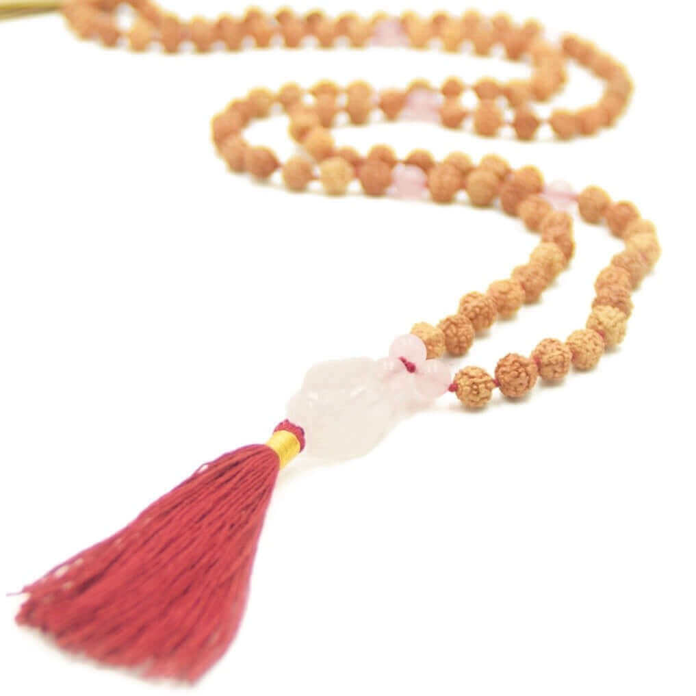 Mala Halskette - Love Stone mala - speziellen Rudraksha Mala Perlen mit Rosenquarzperlen kombiniert - IRIS AURA SHOP