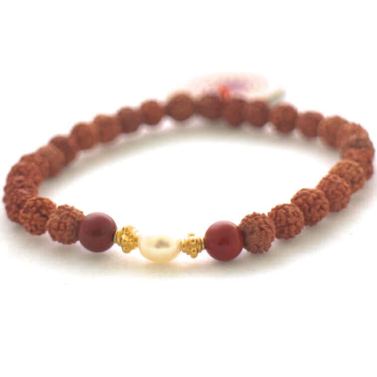 Mala Armband - Devoted Earth - Rudraksha Perlen abwechselnd mit Roten Jaspis Steinen, Süßwasserperlen und vergoldeten Silberperlen - IRIS AURA SHOP