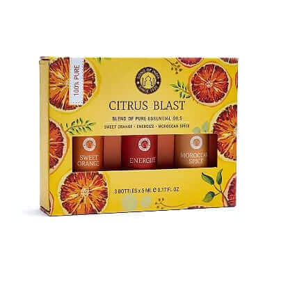Coffret d'huiles essentielles d'aromathérapie Citrus Blast de Song of India : rafraîchissement et vitalité pour votre journée !