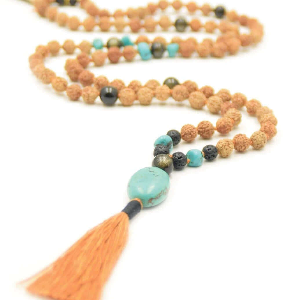Mala Halskette - Healing - Rudraksha Mala Perlen, Obsidian (vulkanisches Glas), Türkis und Lavasteinen - IRIS AURA SHOP