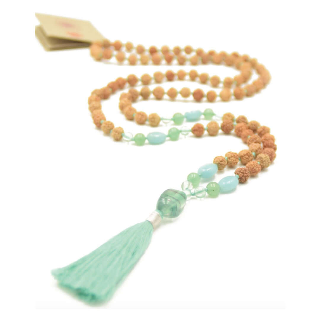 Mala Halskette - Green Spirit Mala - Rudraksha Perlen mit der Energie von Amazonit und Aventurin Edelsteinen kombiniert - IRIS AURA SHOP