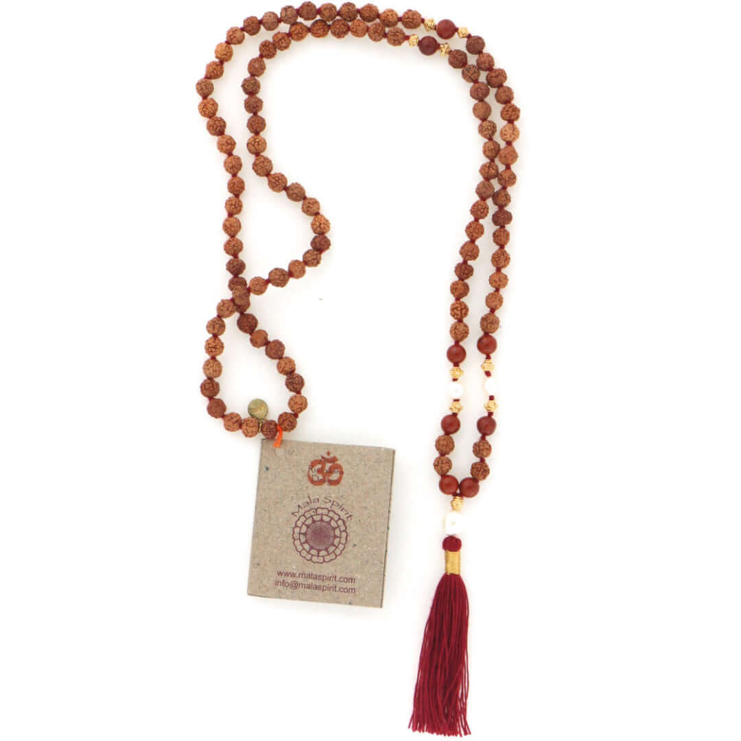 Mala Halsketten - Devoted Earth mala - Rudraksha und kraftvolle Roten Jaspis Perlen mit 22K vergoldetem Silber eingefasst - IRIS AURA SHOP