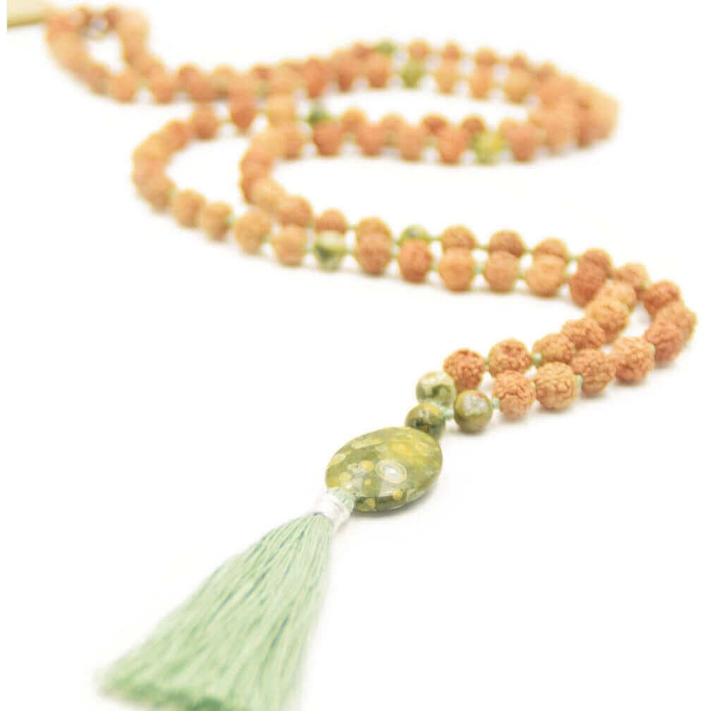 Mala Halskette - Lucky Jasper mala - Rudraksha und Jaspis Perlen gefertigt, fördern Glück und Wohlbefinden - IRIS AURA SHOP